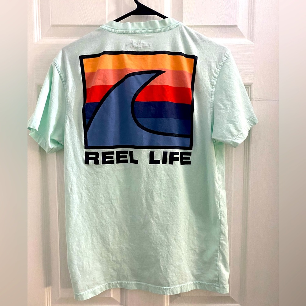 Reel life, mens graphic T-shirt, aqua blue green, size medium